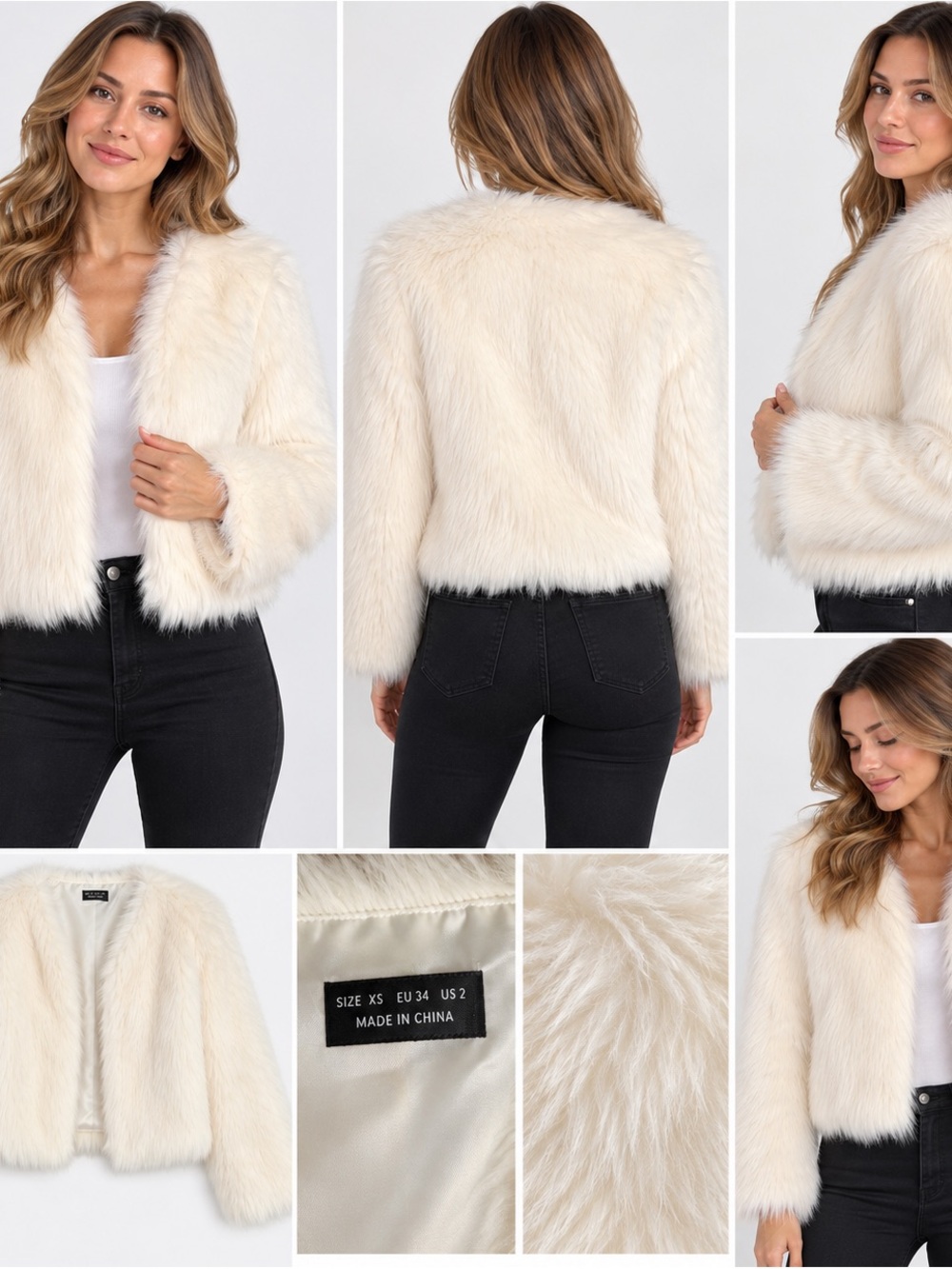 Women's Faux Fur Cropped Coat - Cream